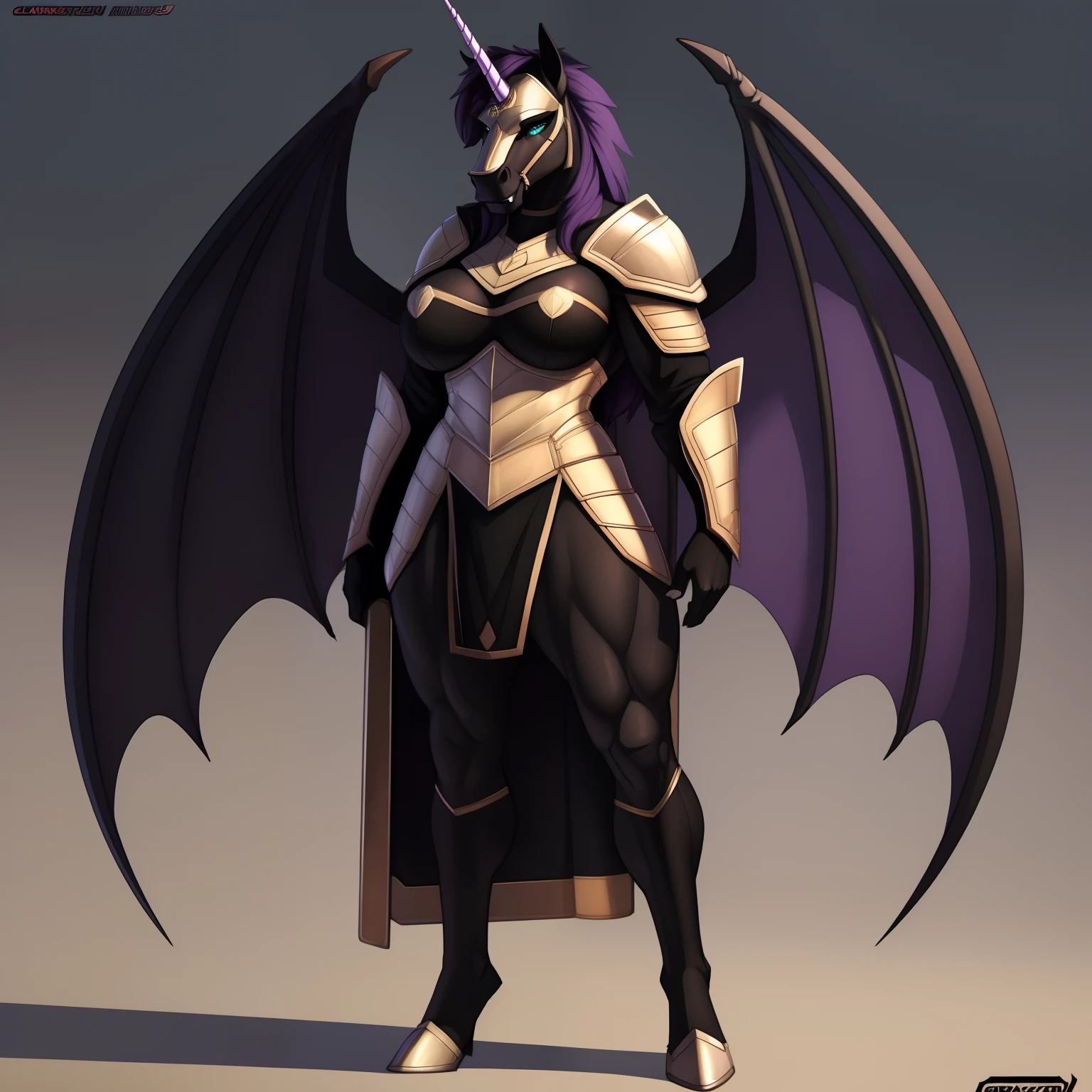 muscular_mature_horse female dark_purple_mane ponytail black_furry_body teal_eyes slit_pupils solo Masterpiece best_quality absurdres highly_detailed heavy_plate_armor helmet robes cleanly_drawn_eyes fangs bat_wings purple_eyeshadow long_black_unicorn_horn horse_snout anthro_only seductive_gaze sultry large_breasts by_claweddrip, by_greasymojo, by_underscore-b, by_runawaystride