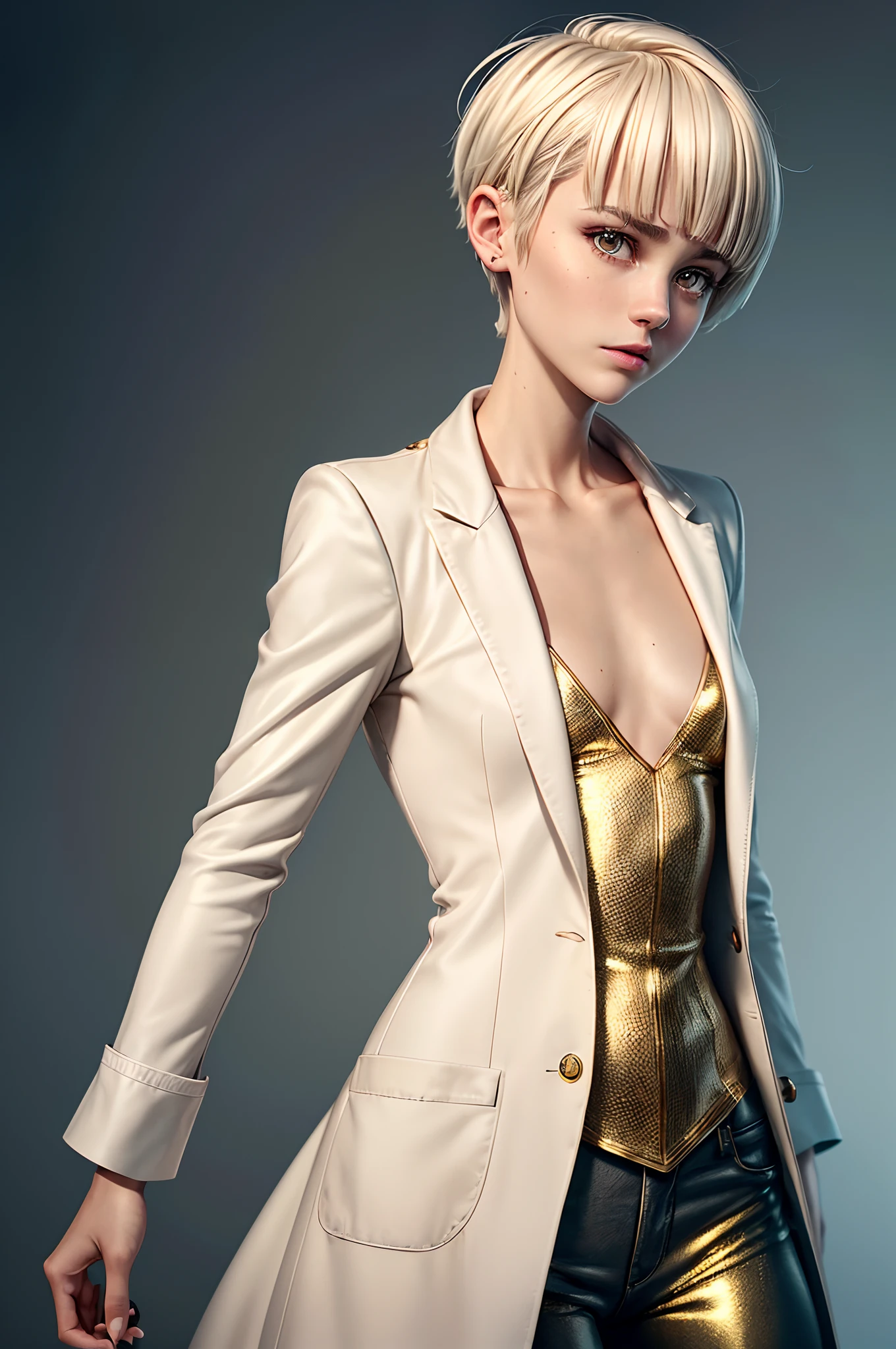 Pixie-cut platinum blonde hair, amber eyes, facial blend of Carey Mulligan, Lupita Nyong'o, and Brie Larson. 32-year-old female appearance, lab coat with a patch of a neuron network, mid-shot, neutral background, minimalist golden bangle
