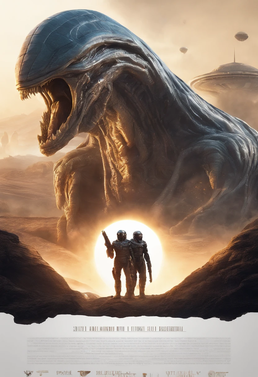 Make an engaging movie poster,Depicting an epic confrontation between humans and advanced alien races. Demonstrate the imminent threat of alien invaders, The resilience of human defenders, and technical and otherworldly landscapes, Capture the essence of intergalactic survival warfare