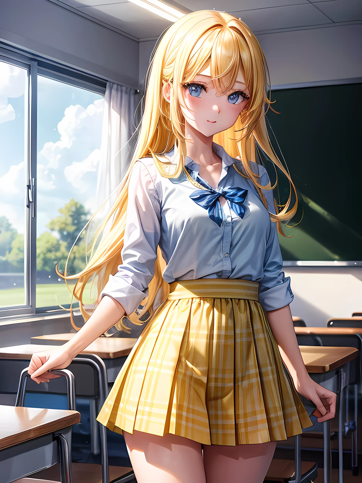 1girl, long yellow hair, blue eyes, wearing yellow shirt, gingham yellow short skirt, cute, classroom, high res, ultrasharp, 8K, masterpiece, looking at viewer