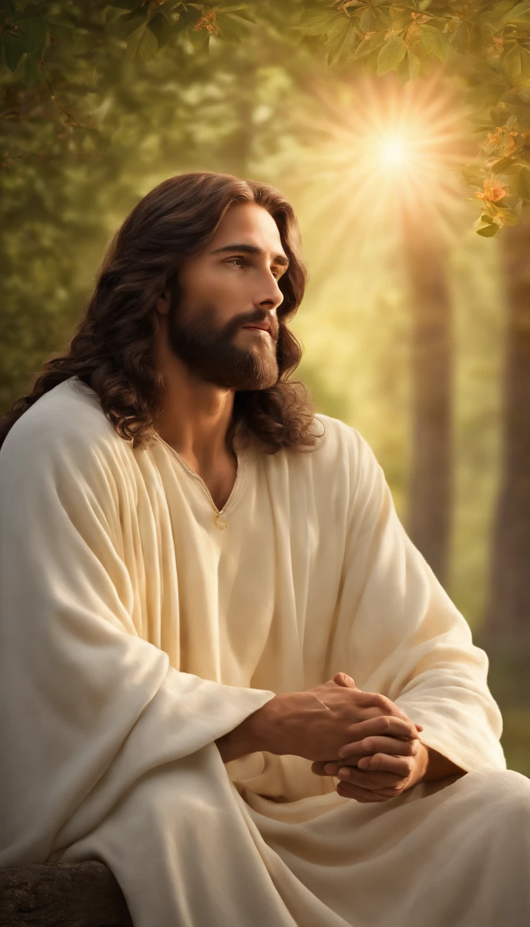 Please create a high-definition image of Jesus Christ in a serene and inspiring setting, where He radiates love and compassion. The image should capture His kindness and divinity, with soft colors and an atmosphere of peace. Ensure that the image is detailed and suitable for printing in large format.