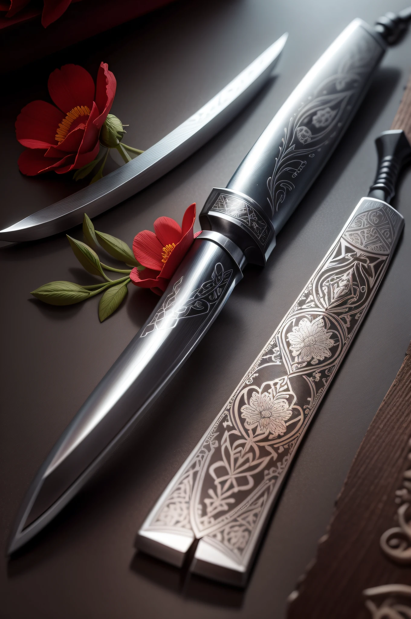 iron knife, the iron part of the knife is made of flower motifs, design it as an engraving laser engraving, there is only the knife, no other object