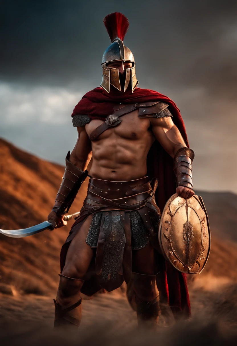 spartan warrior, fighting , bloody armor, epic, 8k