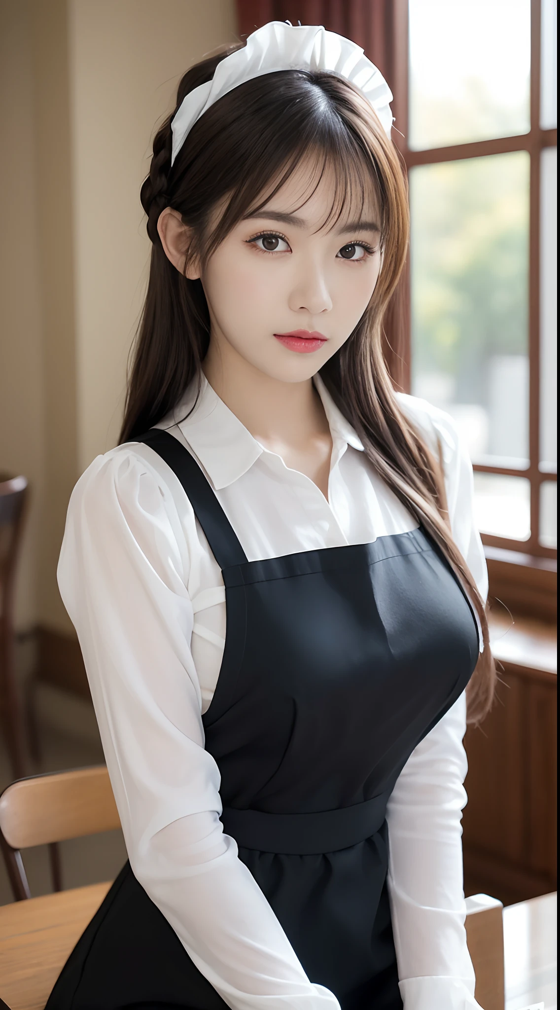 (8K, Raw photography, top-quality, masterpiece: 1.2), masterpiece, Super Detail, 超A high resolution, (Realistic and realistic photos: 1.37), high-definition RAW color photography, extremely delicate and beautiful, ighly detailed, 8K Wallpaper, astonishing, detaileds, extremely detailed eye, highlydetailed skin, extremely detailed fingers, highly detailed nose, highly detail mouth, perfect anatomia,1girl in, Apron, Black Dress, Blurry, Blurry background, Blurred foreground, blush, braid, Colossal tits, depth of fields, Dress, eyebrows visible through hair, frilld, gloves, hair between eye, Indoors, Jewelry, juliet sleeves, Long sleeves, Looking at Viewer, maid, maid apronl, Maid headdress, Puffy sleeves, Short hair, Sitting, Solo, White Apron, window, Huge boobs、乃木坂アイドル、韓国アイドル、hposing Gravure Idol、女優、25-years old、tall、cafes、resturant、Italy、Americans、Australia,韓国アイドル、乃木坂アイドル、女優、hposing Gravure Idol、