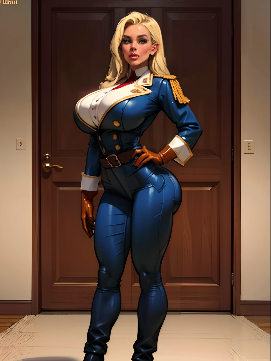 Lonely young adult girl, Tall stature, little chest, closed mouth, Slavic appearance: Green eyes; blond hair; sharp facial features; dimple on the chin; Straight nose; high nose; pronounced high cheekbones; high forehead, stands upright, (gigantic breasts:1.4), detailed face, military uniform: double-breasted overcoat; pants, Full-length painting, leather gloves