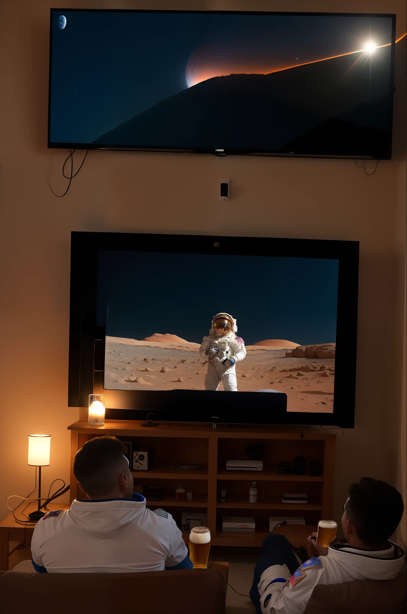 An astronaut on mars watching the world cup final on a big screen drinking beer with a martian