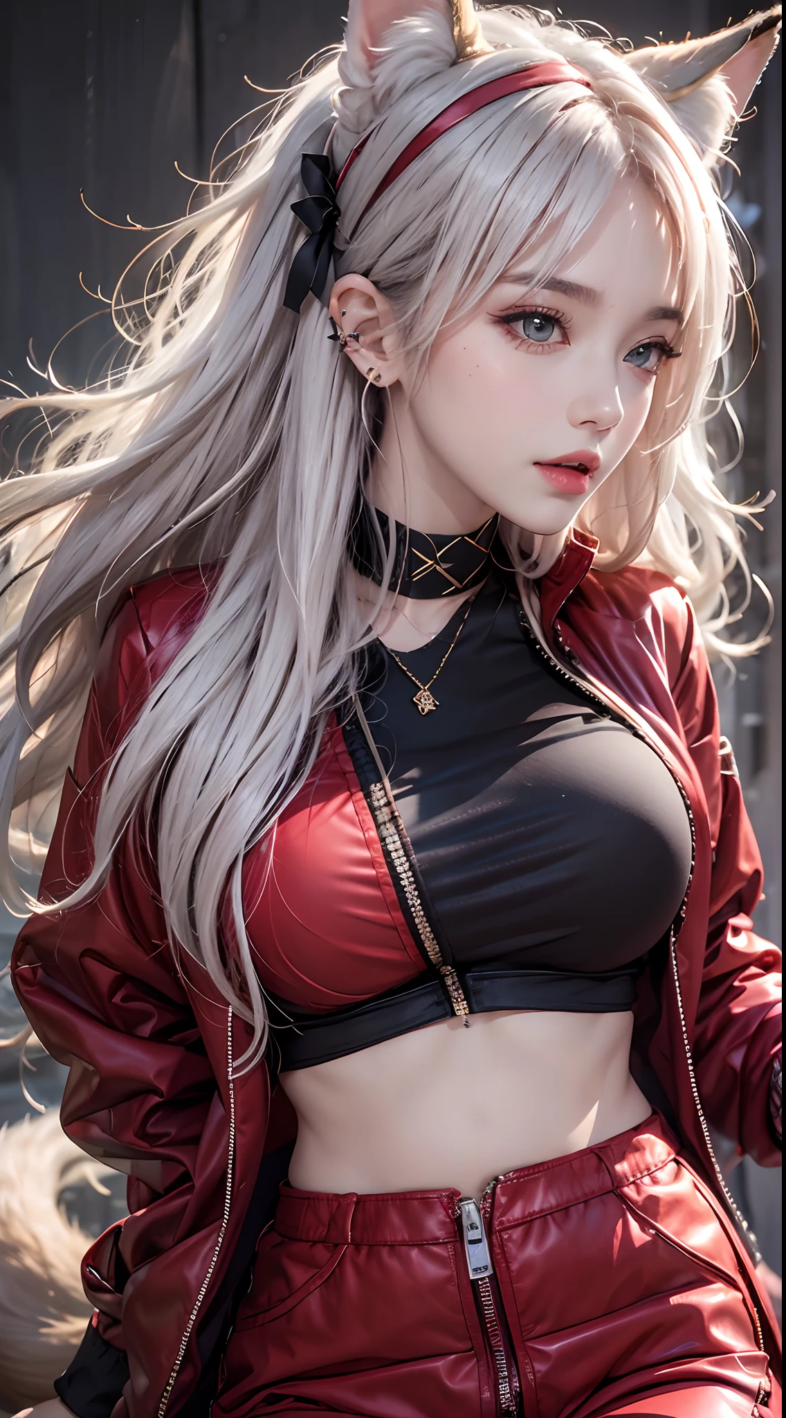 Photorealistic, high resolution, 1 woman, Hips up, Beautiful eyes, Long hair, ringed eyes, jewelry, tattoo, infection monitor (arknight), Angelina (arknight), Blush, double tails, shairband, Animal ears, red hairband, Closed mouth, Fox ears, bangs, Red jacket, Black shirt, shirt, Orange eyes, Jacket, Back view