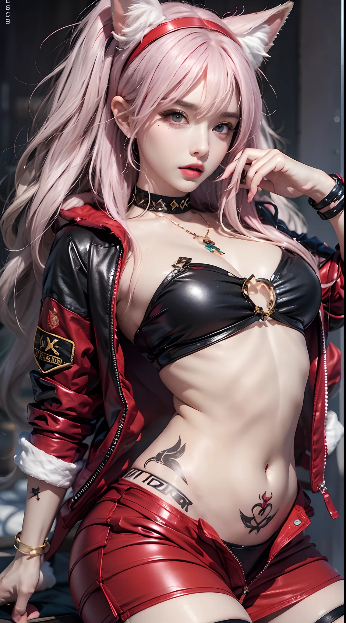 Photorealistic, high resolution, 1 woman, Hips up, Beautiful eyes, Long hair, ringed eyes, jewelry, tattoo, infection monitor (arknight), Angelina (arknight), Blush, double tails, shairband, Animal ears, red hairband, Closed mouth, Fox ears, bangs, Red jacket, Black shirt, shirt, Orange eyes, Jacket, Back view