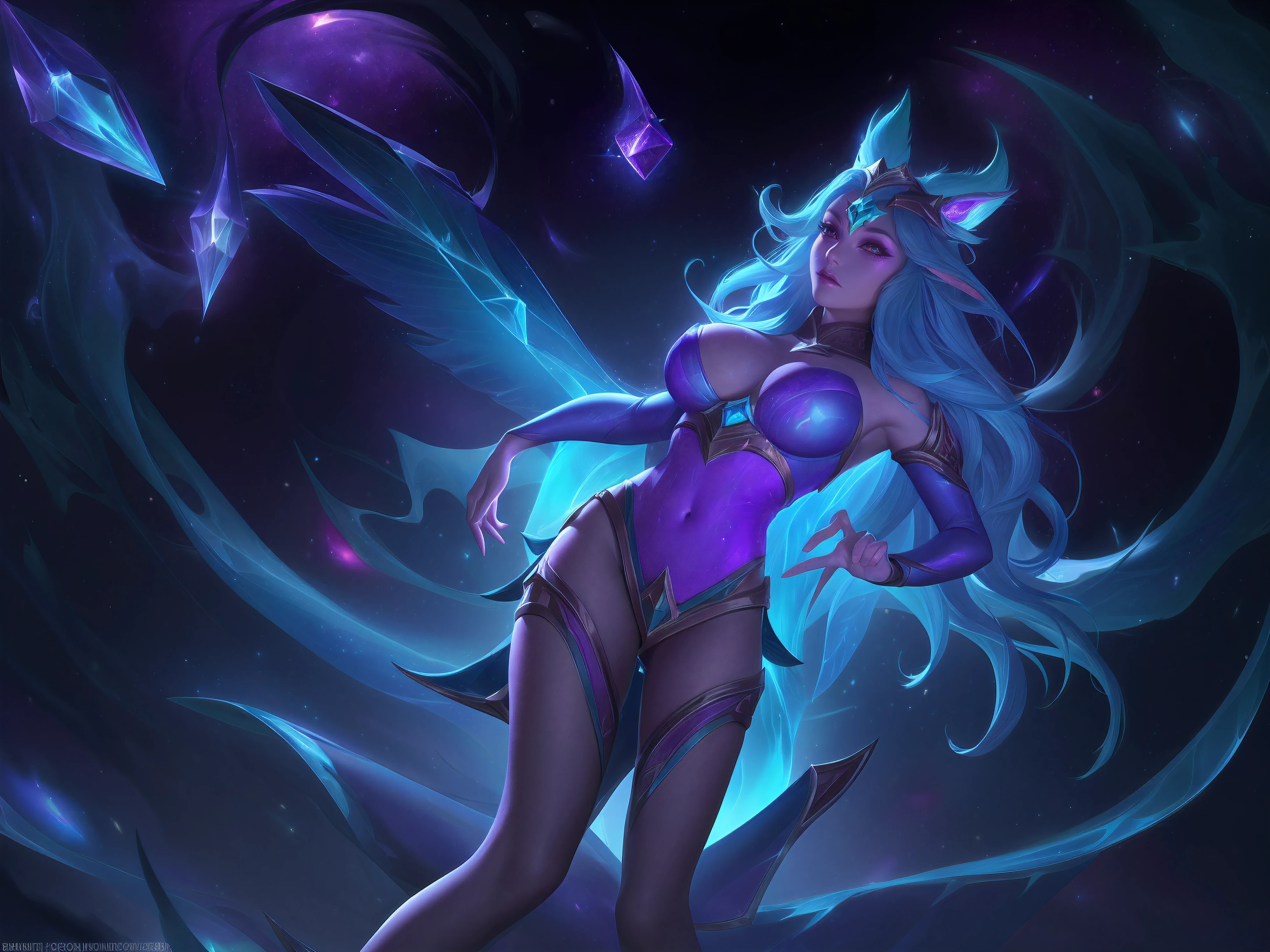 (League of Legends:1.5),Legendary skins "Cosmic Elf Bambi" Bring the forest elves into an awesome cosmic realm, Turn her into a celestial being with great power and wonder.
In splash art, The appearance of Bambi underwent an amazing cosmic transformation. She now stands in a glowing and ethereal presence, Decorated with celestial motifs and glowing stardust. Her wings twinkle with traces of stardust, Symbolizes her celestial connection.
Her costumes now reflect the grandeur of the universe, Has complex patterns of stars and galaxies, Symbolizes her affinity with cosmic forces.
Bambi's eyes flashed with cosmic energy, Convey cosmic wisdom and otherworldly power. Her posture exudes heavenly elegance and confidence, As if she holds the secrets of the universe.
in the background, The celestial wonders unfold, Has a breathtaking nebula, swirling galaxies, The glittering stars add wonder and cosmic majesty.
The color palette is a fascinating blend of cosmic hues, Featuring dark blue, purples, and vibrant stardust, Creates a charming and ethereal atmosphere.
