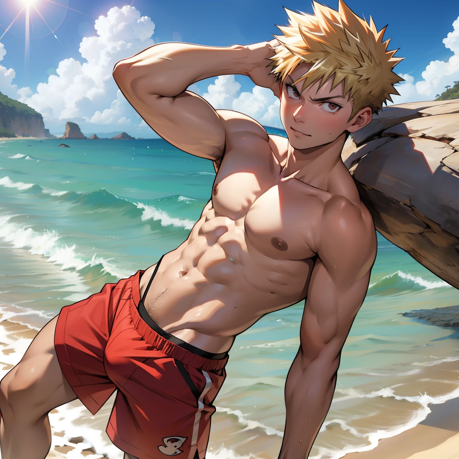 Bakugo sem cueca transparente na praia