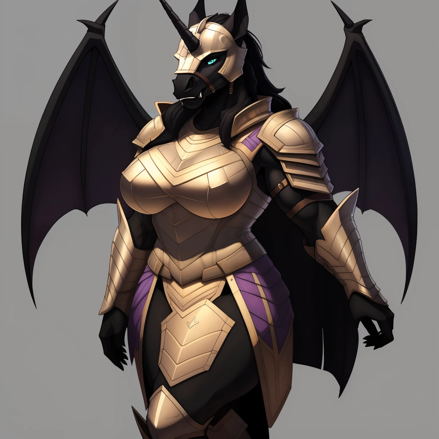 muscular_mature_horse female dark_purple_mane ponytail black_furry_body teal_eyes slit_pupils solo Masterpiece best_quality absurdres highly_detailed heavy_plate_armor helmet robes cleanly_drawn_eyes fangs bat_wings purple_eyeshadow long_black_unicorn_horn horse_snout anthro_only seductive_gaze sultry large_breasts by_claweddrip, by_greasymojo, by_underscore-b, by_runawaystride