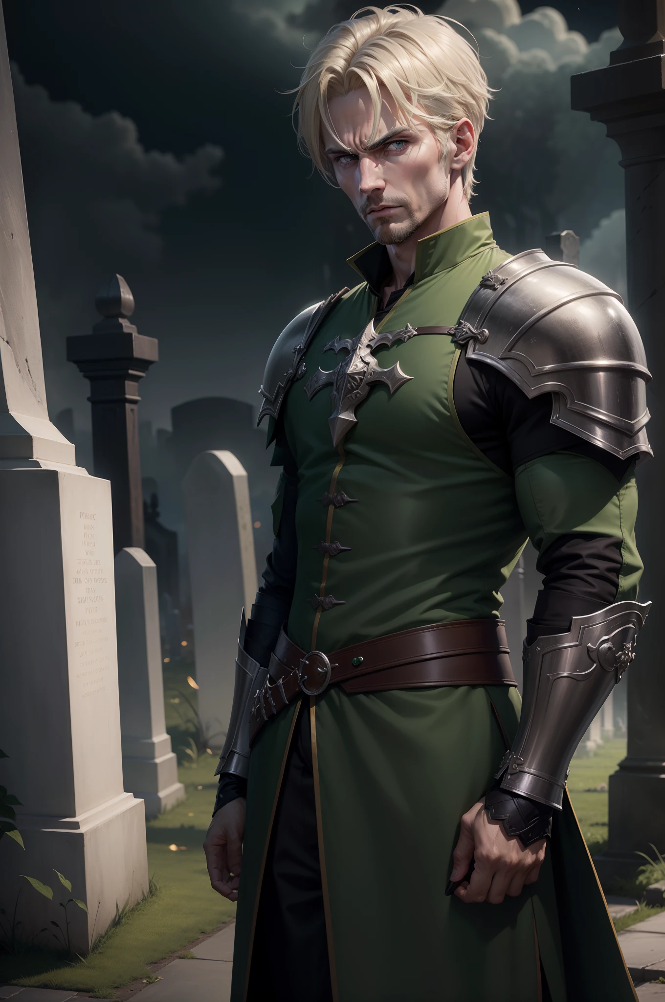 realistic image and in 8k, of a handsome man, 35 years old, blond, short hair, extremely detailed green eyes, dressed in dark green clerics clothes and with silver shoulder pads, rpg warrior style, angry expression, at the gate of a cemetery at night , art in anime style