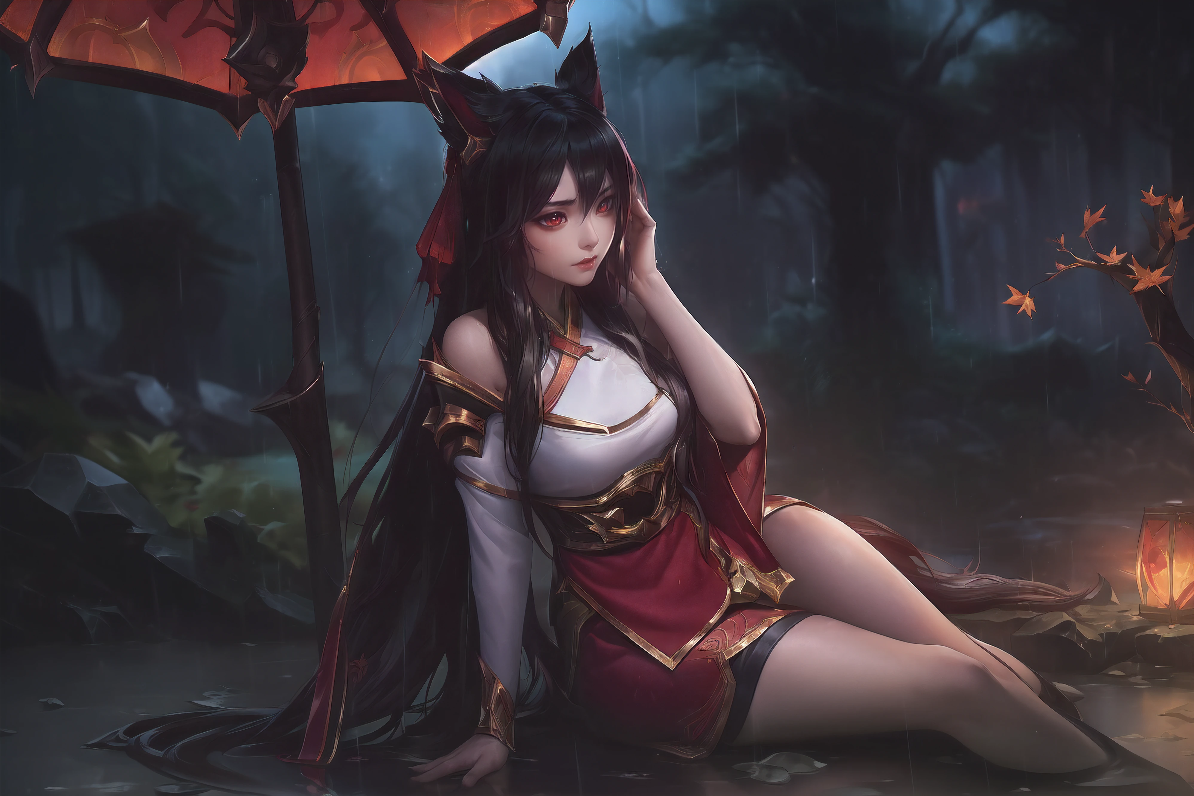 (League of Legends:1.5), (detailed manga illustration:1.2),(masterpiece:1.25),(best quality), (ultra-detailed:1.25),(idyllic),chinese classical style, (rain:1.2),raindrop, (maplegrove:1.3),dense leaves, rockery landscapr, spring water, [ink painting], (mournful, poignant), (color splashing:1.15),(watercolor:1.2),(depth of field:1.25),(solo:1.5) ,[ghostdom], backlight, [looking to the side],
(1 beautiful girl:1.25) with (chinese hanfu: dark red+black),(chinese antiquities) and gorgeous,(hair ribbon),(fox ears),(detailed beautiful red eyes:1.15), (beautiful face:1.15), (black long hair, gradual dark red colored tips), (fox tail),(maple leaves, fallen leaves),soaking feet, expressionless, sitting under a maple tree,