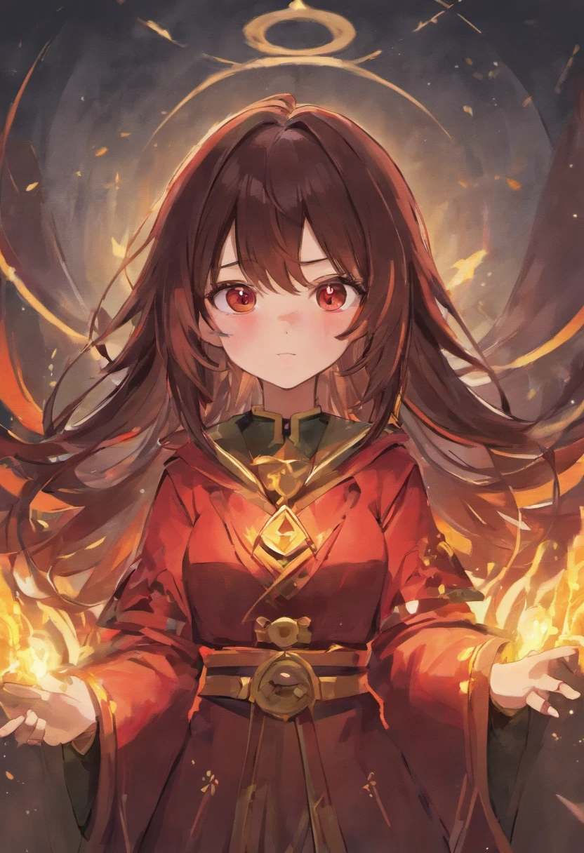 Megumin have black hair, red Eyes) with her little daugheters: Esmeralda have brown hair , red eyes). Ruby have Red Hair, green eyes), Aria Rose have Black hair, blu eyes)