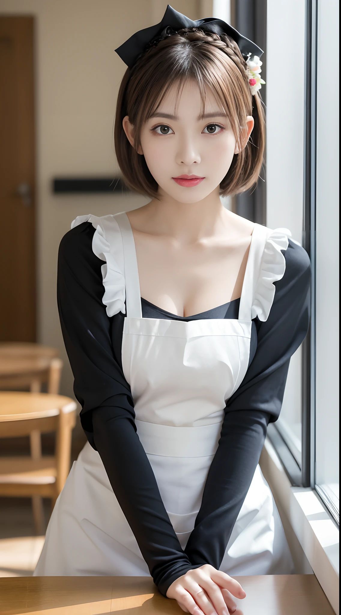 (8K, Raw photography, top-quality, masterpiece: 1.2), masterpiece, Super Detail, 超A high resolution, (Realistic and realistic photos: 1.37), high-definition RAW color photography, extremely delicate and beautiful, ighly detailed, 8K Wallpaper, astonishing, detaileds, extremely detailed eye, highlydetailed skin, extremely detailed fingers, highly detailed nose, highly detail mouth, perfect anatomia,1girl in, Apron, Black Dress, Blurry, Blurry background, Blurred foreground, blush, braid, Colossal tits, depth of fields, Dress, eyebrows visible through hair, frilld, gloves, hair between eye, Indoors, Jewelry, juliet sleeves, Long sleeves, Looking at Viewer, maid, maid apronl, Maid headdress, Puffy sleeves, Short hair, Sitting, Solo, White Apron, window, Huge boobs、乃木坂アイドル、韓国アイドル、hposing Gravure Idol、女優、25-years old、tall、cafes、resturant、Italy、Americans、Australia,韓国アイドル、乃木坂アイドル、女優、hposing Gravure Idol、