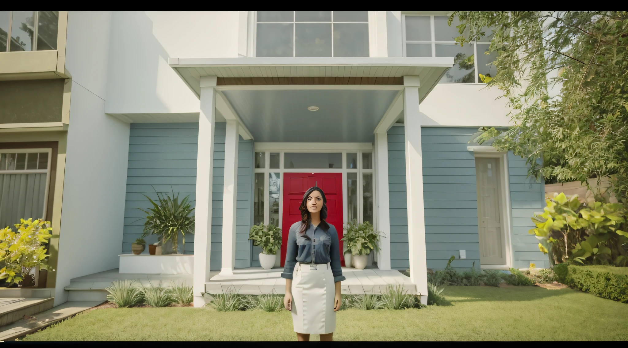 there is a woman standing in front of a house with a red door, cinematic full shot, standing outside a house, shot from cinematic, in front of a two story house, tv commercial, [ cinematic, youtube video screenshot, cinematic front shot, vfx, cinematic still, “hyper realistic, captura, award winning cinematic still, professionally color graded, cinematic medium shot