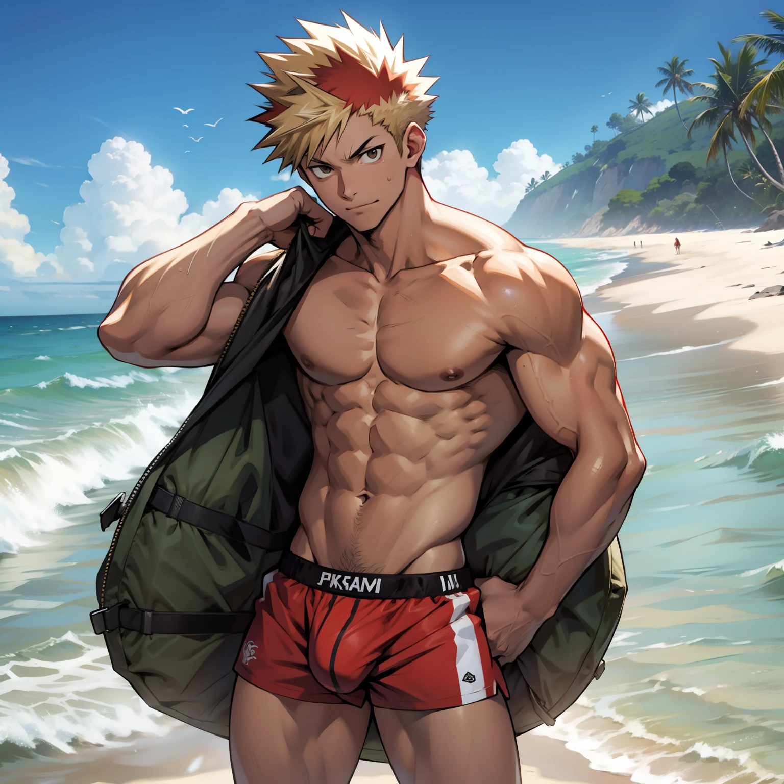 Bakugo sem cueca transparente na praia