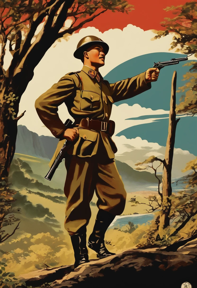 sunset with silhouette of the Tungurahua volcano, Paratrooper with glasses and Don Ramón's rifle and cap, paracaidistas cayendo de aviones, Paratrooper with Don Ramón's rifle and hat and glasses, paracaidas cayendo de aviones