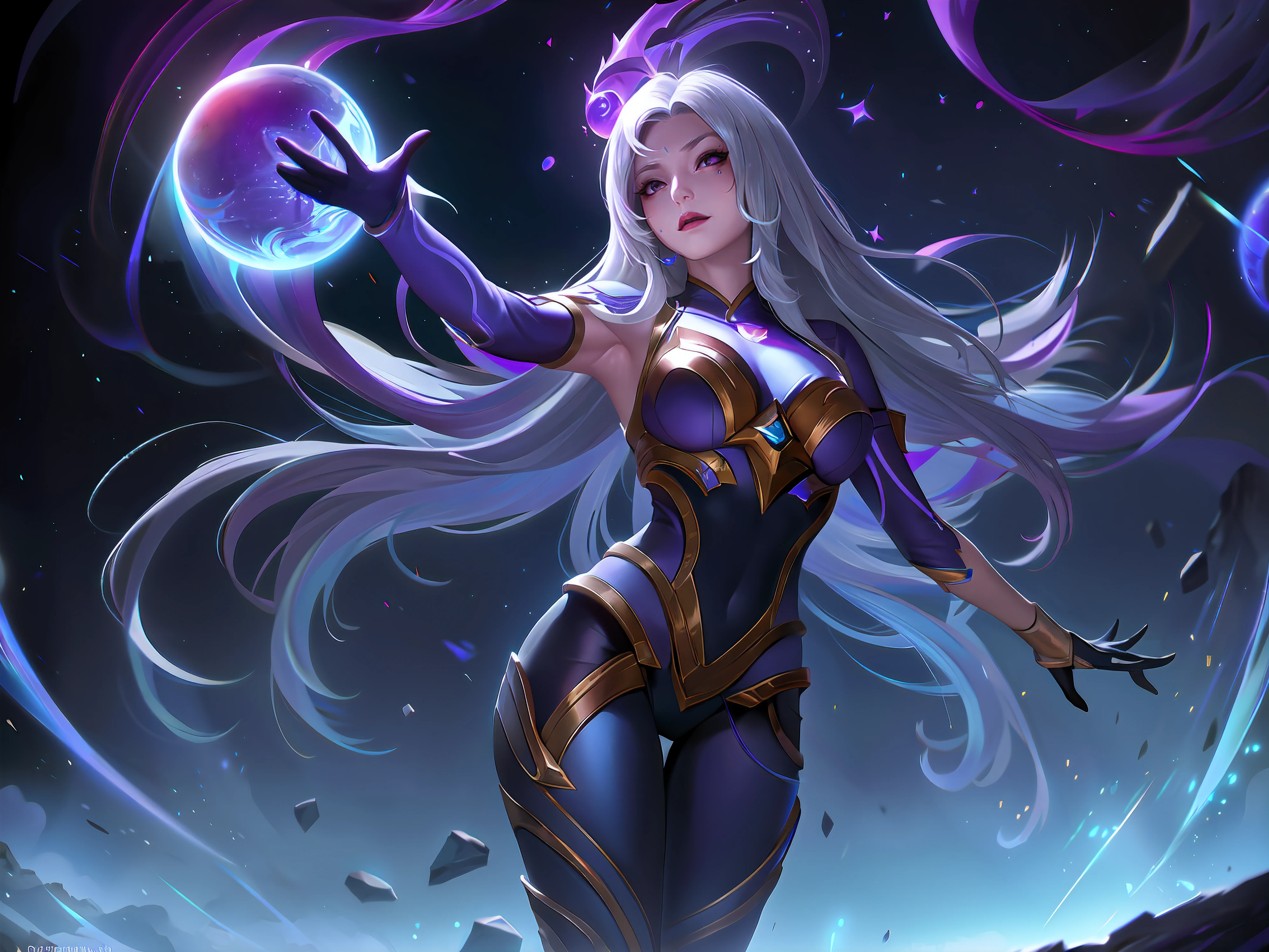 (League of Legends:1.5),Astrid, the Graviton Slinger, is depicted in her splashart as a powerful and enigmatic force, wielding her gravitational manipulation abilities with mastery. The scene takes place in a celestial realm, where stars and cosmic energy illuminate the vastness of space.
Astrid possesses an otherworldly beauty, with flowing silver-white hair that seems to shimmer with the brilliance of distant stars. Her skin has a faint celestial glow, radiating with the power she commands. She wears a sleek, futuristic suit adorned with intricate patterns that resemble constellations and gravitational fields. The suit hugs her figure, emphasizing her strength and agility.
In the center of her palms, Astrid generates orbs of gravitational energy, each pulsating with vibrant hues of purple and blue. These energy orbs form the foundation for her gravitational abilities. Surrounding her, smaller orbs and filaments of energy spin and orbit, representing the gravitational fields she creates and manipulates.
Astrid's eyes emit an intense, piercing gaze, glowing with the same gravitational energy that courses through her. Her expression conveys both focus and determination, revealing her unwavering control over the forces she wields.
The backdrop of the splashart showcases the vast expanse of space, filled with distant galaxies and nebulae. Ethereal strands of gravitational energy weave through the cosmos, forming intricate patterns and connecting celestial bodies. The scene creates a sense of awe and wonder, as Astrid harnesses the fundamental forces of the universe.
The color palette is dominated by deep purples, blues, and blacks, reflecting the cosmic nature of Astrid's powers. The vibrant energy orbs stand out against the dark backdrop, adding a dynamic and captivating element to the splashart, splashart, linhas de corpo, cores vibrantes, detalhes requintados, cinemactic, artstation, rosto detalhado, por rossdraws, por Kienan Laf,normal hands,holding ball,