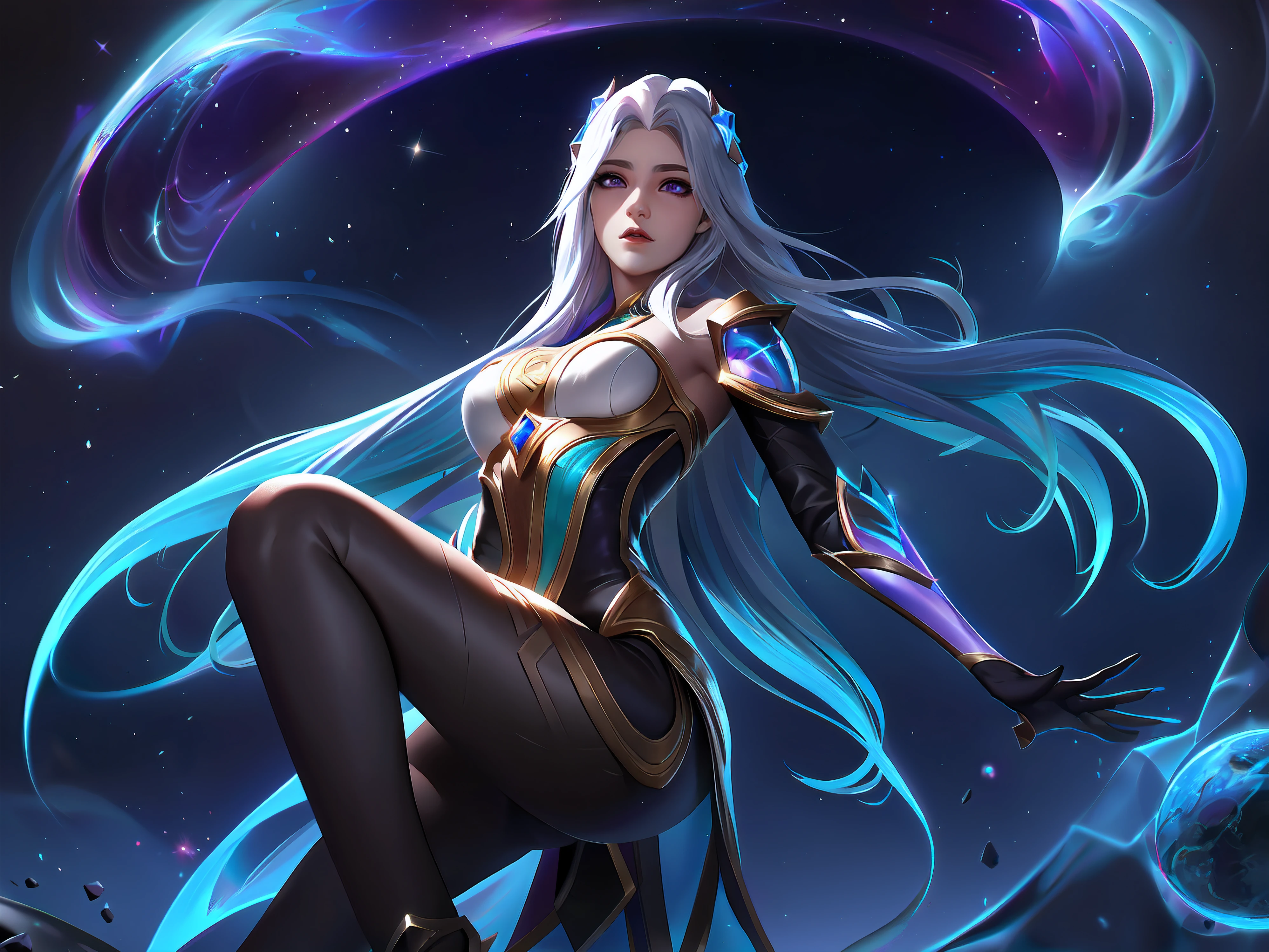 (League of Legends:1.5),Astrid, the Graviton Slinger, is depicted in her splashart as a powerful and enigmatic force, wielding her gravitational manipulation abilities with mastery. The scene takes place in a celestial realm, where stars and cosmic energy illuminate the vastness of space.

Astrid possesses an otherworldly beauty, with flowing silver-white hair that seems to shimmer with the brilliance of distant stars. Her skin has a faint celestial glow, radiating with the power she commands. She wears a sleek, futuristic suit adorned with intricate patterns that resemble constellations and gravitational fields. The suit hugs her figure, emphasizing her strength and agility.

In the center of her palms, Astrid generates orbs of gravitational energy, each pulsating with vibrant hues of purple and blue. These energy orbs form the foundation for her gravitational abilities. Surrounding her, smaller orbs and filaments of energy spin and orbit, representing the gravitational fields she creates and manipulates.

Astrid's eyes emit an intense, piercing gaze, glowing with the same gravitational energy that courses through her. Her expression conveys both focus and determination, revealing her unwavering control over the forces she wields.

The backdrop of the splashart showcases the vast expanse of space, filled with distant galaxies and nebulae. Ethereal strands of gravitational energy weave through the cosmos, forming intricate patterns and connecting celestial bodies. The scene creates a sense of awe and wonder, as Astrid harnesses the fundamental forces of the universe.

The color palette is dominated by deep purples, blues, and blacks, reflecting the cosmic nature of Astrid's powers. The vibrant energy orbs stand out against the dark backdrop, adding a dynamic and captivating element to the splashart, splashart, linhas de corpo, cores vibrantes, detalhes requintados, cinemactic, artstation, rosto detalhado, por rossdraws, por Kienan Laf,normal hands,holding ball,
