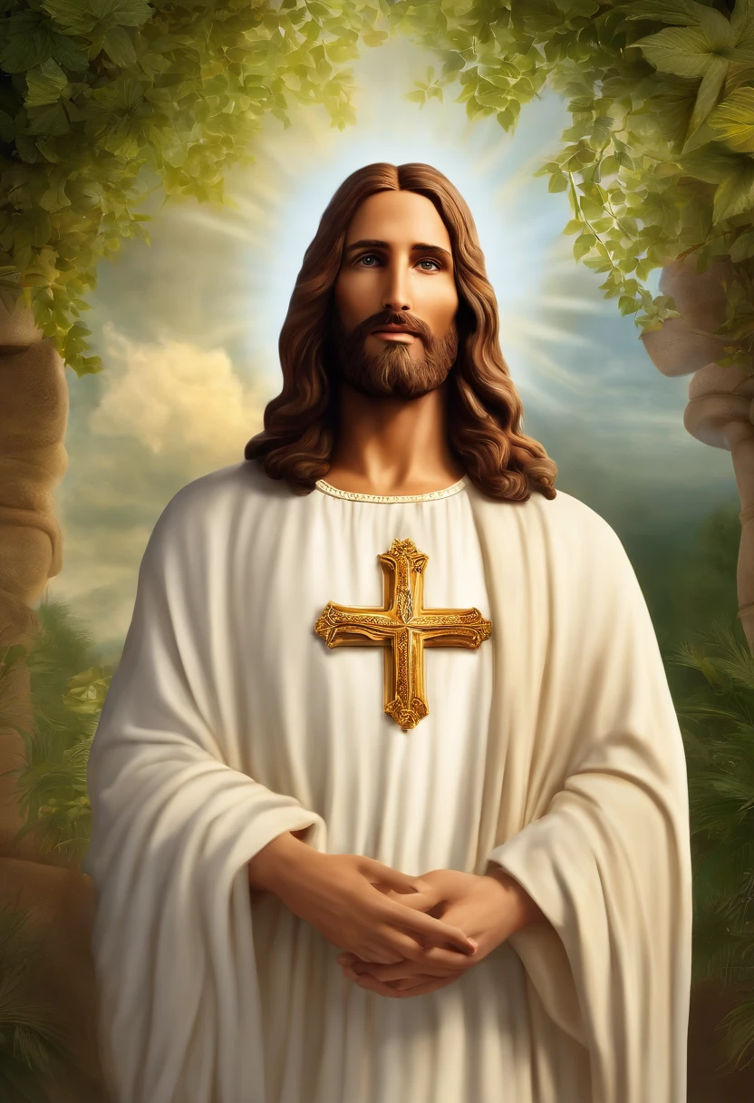 Por favor, create a high-definition image of Jesus Christ with a focus on your bust, em um ambiente sereno e inspirador, where He radiates love and compassion. A imagem deve capturar Sua bondade e divindade, com cores suaves e uma atmosfera de paz. Make sure the image is detailed and suitable for large format printing.