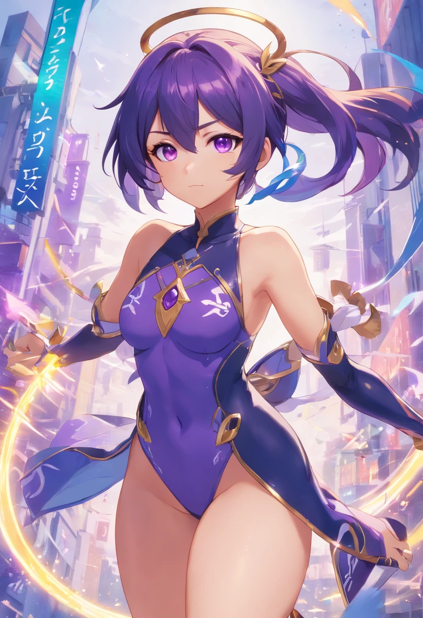 (((1girl))), Impacto Genshin, Collei (Impacto Genshin), 1girl, franja, black swinsuit, Botas, coxas, Capelet, Collei, Dendro, boca fechada, Faixa transversal, Mangas em destaque, Cabo Verde, cabelos verdes, cabelo entre os olhos, ornamento de cabelo, Botas de salto alto, Purple eyes, sozinho, Banner, coxas, eyesight (Impacto Genshin), ((peito enorme)), ((Arco e Flacha)),