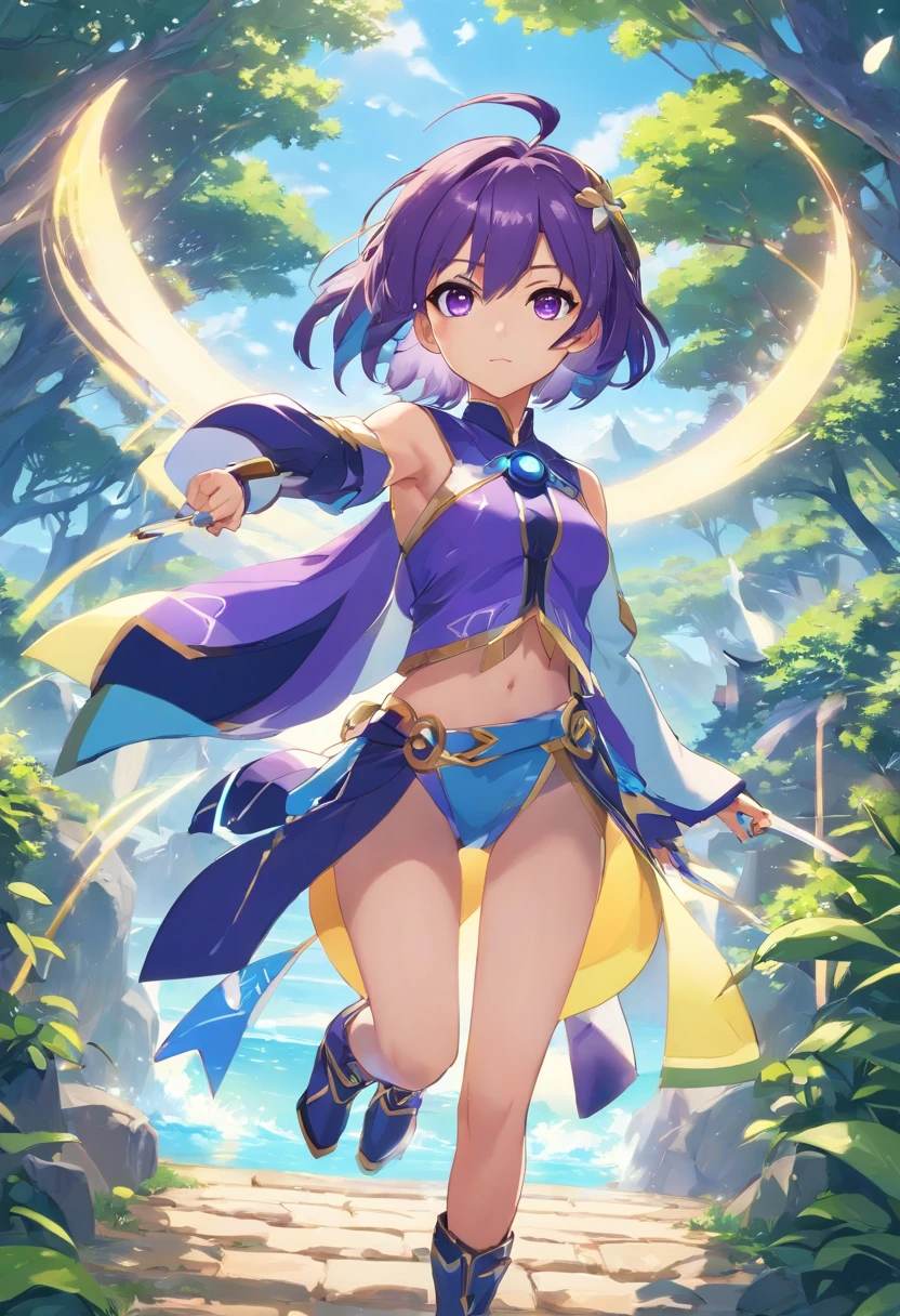 (((1girl))), Impacto Genshin, Collei (Impacto Genshin), 1girl, franja, black swinsuit, Botas, coxas, Capelet, Collei, Dendro, boca fechada, Faixa transversal, Mangas em destaque, Cabo Verde, cabelos verdes, cabelo entre os olhos, ornamento de cabelo, Botas de salto alto, Purple eyes, sozinho, Banner, coxas, eyesight (Impacto Genshin), ((peito enorme)), ((Arco e Flacha)),