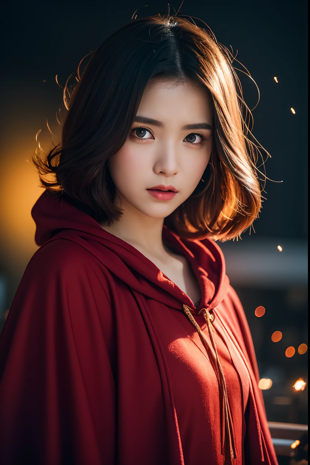 RAW photo, full sharp, (Full HD epic wallpaper) 8K UHD, Digital SLR, Soft lighting, High quality, filmgrain, Fujifilm XT3, hiqcgbody, (1人, Kizi:1.2),portraiture, Broken glass effect, Vivid yellow flame, Ethereal sparks, vulnerable, Red eyes, Long gray hair,Storm,Fluttering hair, buzz cut, Style - Gravity magic, Portrait, Looking down, Solo, Half shot, Detailed background, Detailed face, Pale complexion,(( Lolita costume)), redcloak, Cape, Hood, malicious expression, The scarlet symbol rotates in the air,(Floating particles, Fire particles, particle fx), Skylight color scheme, red flames, the are In the background, Surrounded by a crimson mist, Sunset, symetrical composition, Epic atmosphere,