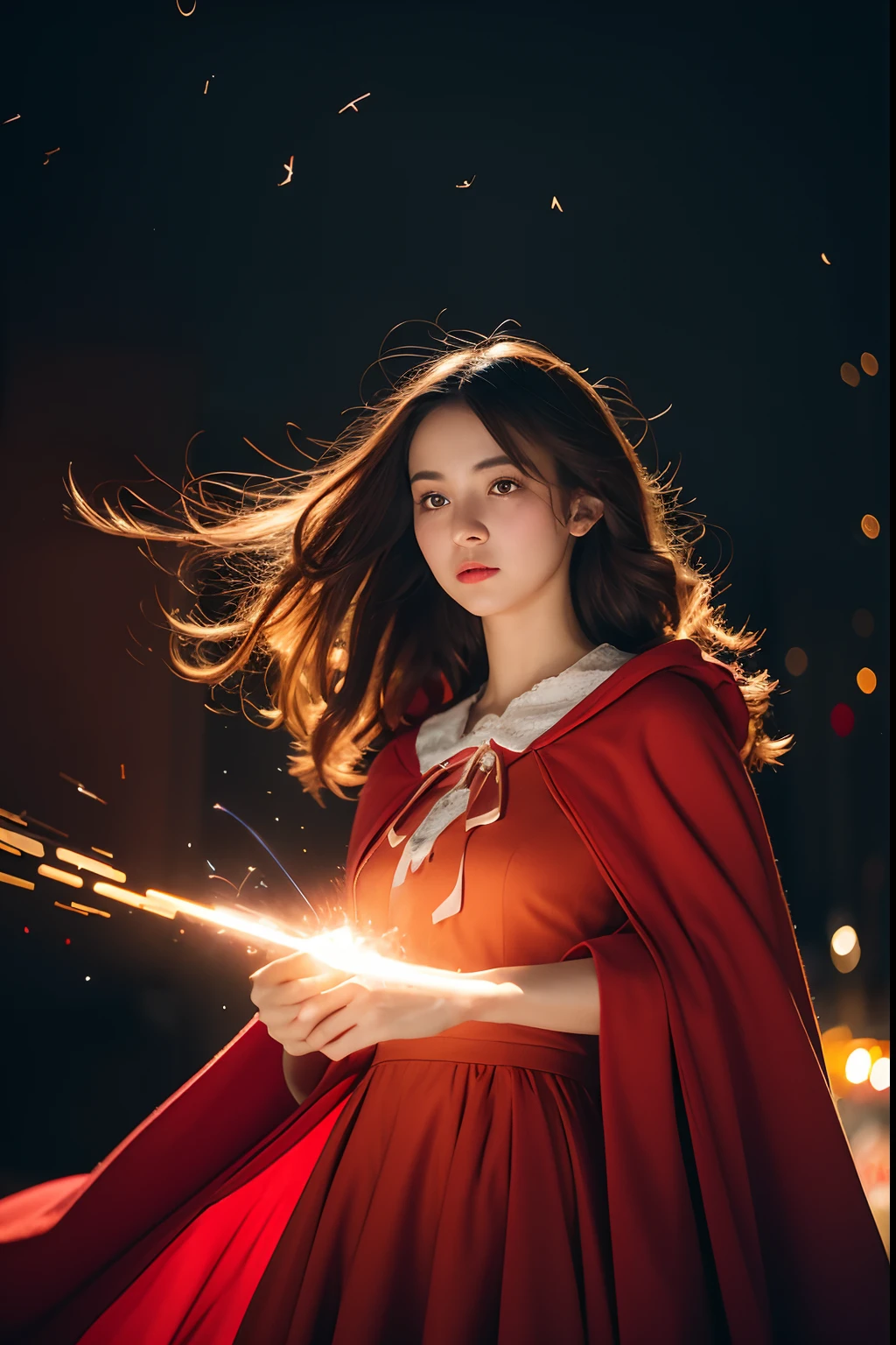 RAW photo, full sharp, (Full HD epic wallpaper) 8K UHD, Digital SLR, Soft lighting, High quality, filmgrain, Fujifilm XT3, hiqcgbody, (1人, Kizi:1.2),portraiture, Broken glass effect, Vivid yellow flame, Ethereal sparks, vulnerable, Red eyes, Long gray hair,Storm,Fluttering hair, buzz cut, Style - Gravity magic, Portrait, Looking down, Solo, Half shot, Detailed background, Detailed face, Pale complexion,(( ta costume)), redcloak, Cape, Hood, malicious expression, The scarlet symbol rotates in the air,(Floating particles, Fire particles, particle fx), Skylight color scheme, red flames, the are In the background, Surrounded by a crimson mist, Sunset, symetrical composition, Epic atmosphere,