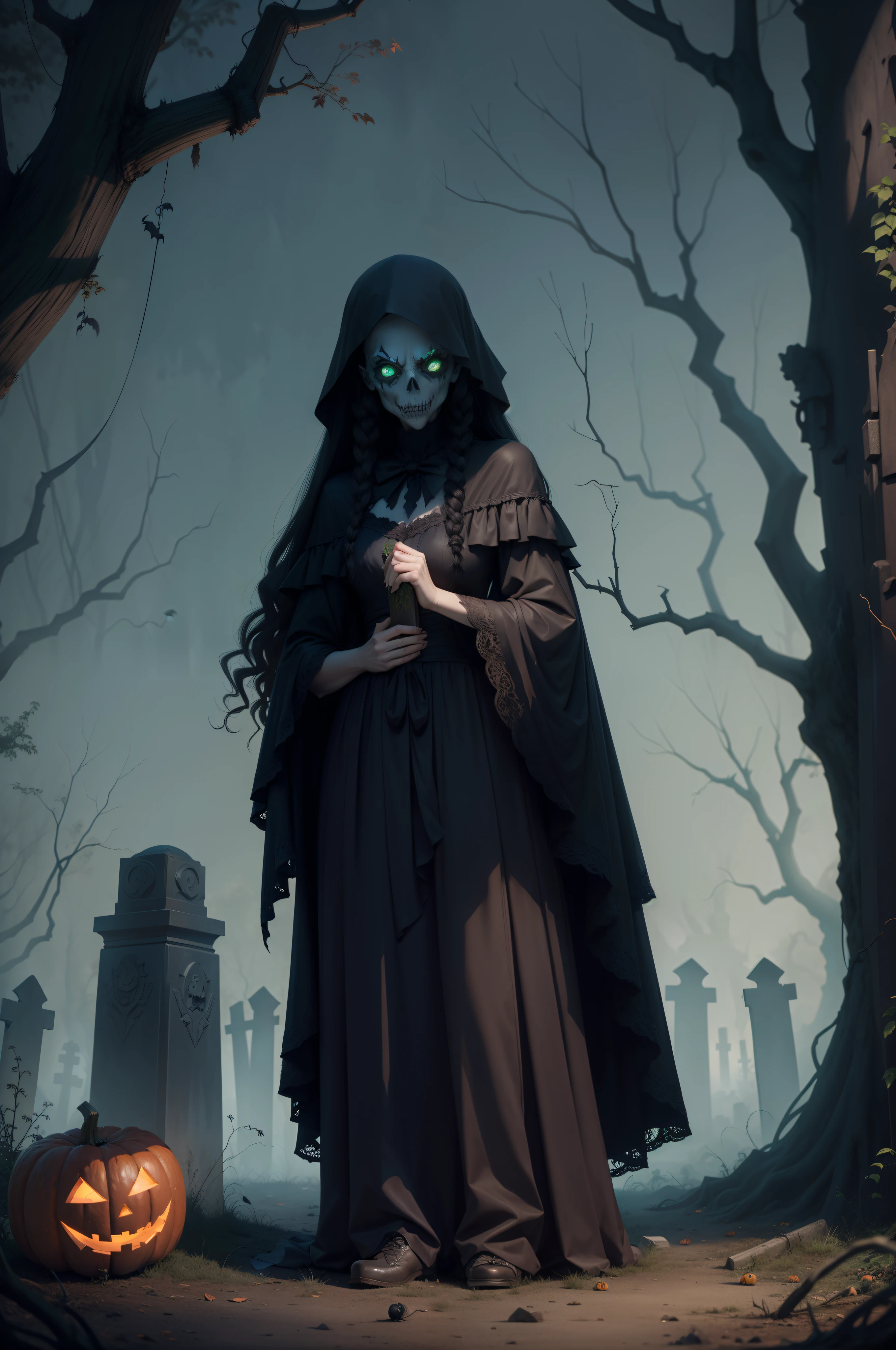 Halloween monsters, in a spooky overgrown graveyard setting