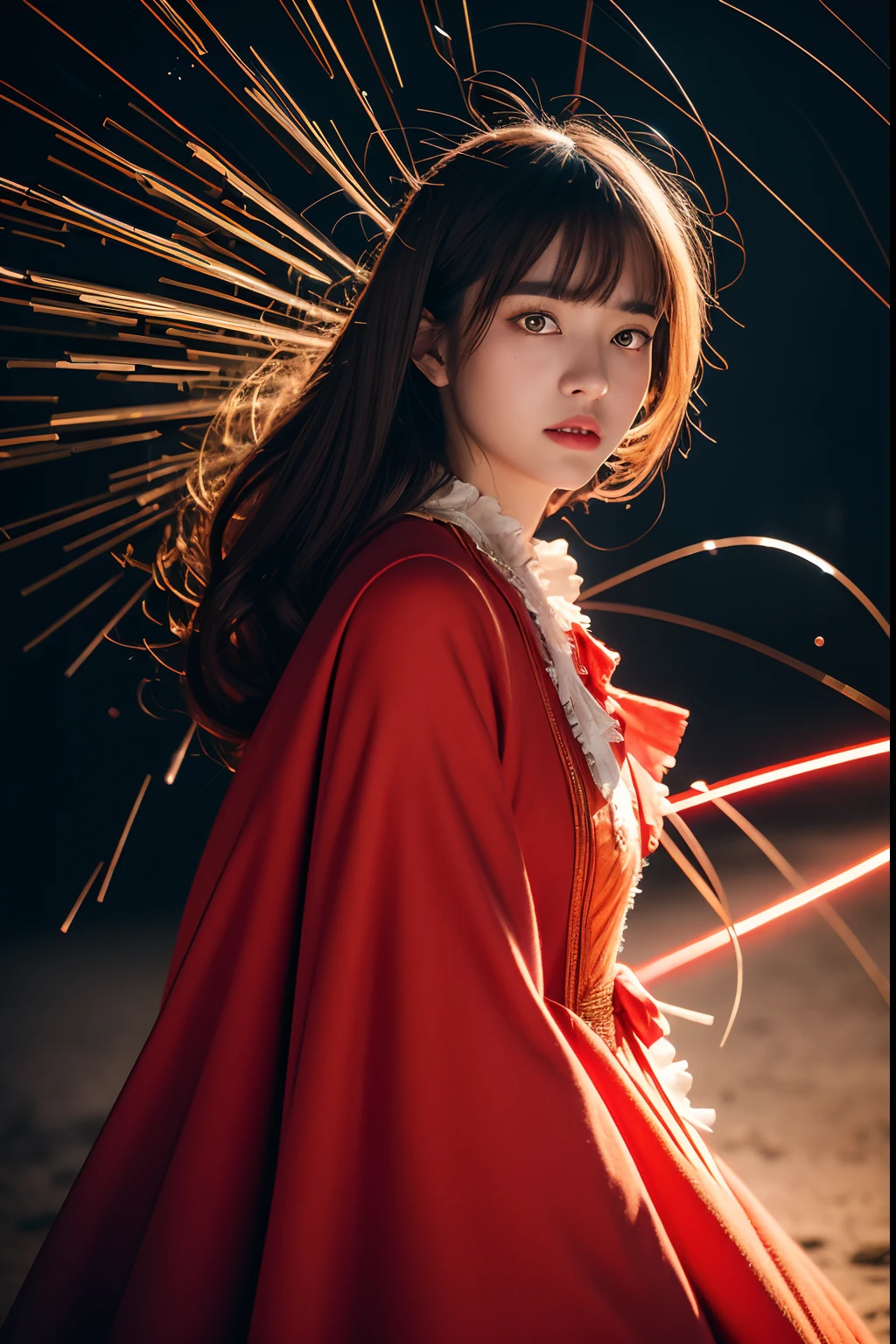 RAW photo, full sharp, (Full HD epic wallpaper) 8K UHD, Digital SLR, Soft lighting, High quality, filmgrain, Fujifilm XT3, hiqcgbody, (1人, Kizi:1.2),portraiture, Broken glass effect, Vivid yellow flame, Ethereal sparks, vulnerable, Red eyes, Long gray hair,Storm,Fluttering hair, buzz cut, Style - Gravity magic, Portrait, Looking down, Solo, Half shot, Detailed background, Detailed face, Pale complexion,(( ta costume)), redcloak, Cape, Hood, malicious expression, The scarlet symbol rotates in the air,(Floating particles, Fire particles, particle fx), Skylight color scheme, red flames, the are In the background, Surrounded by a crimson mist, Sunset, symetrical composition, Epic atmosphere,