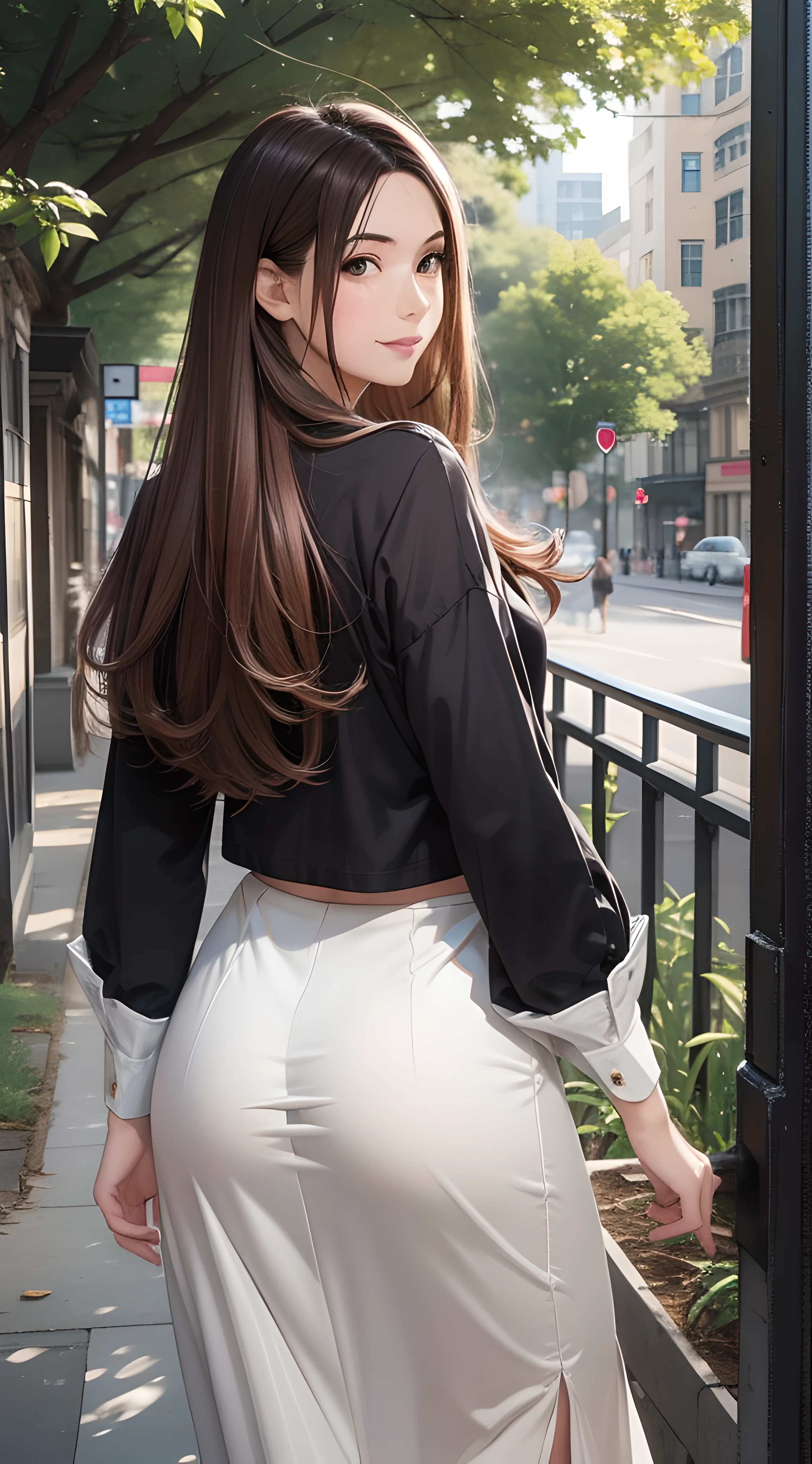(1girl:1.3), (photorealistic:1.4), (masterpiece, top quality, best quality, official art), extreme detailed, highest detailed, (ultra-detailed), ((an extremely delicate and beautiful)), cinematic light, contemporary, silky long hair, (brown hair), she Walking at the park, in evening, shirt, long skirt, upper body, from above, shy, smile, (looking back:1.4), 26 years old