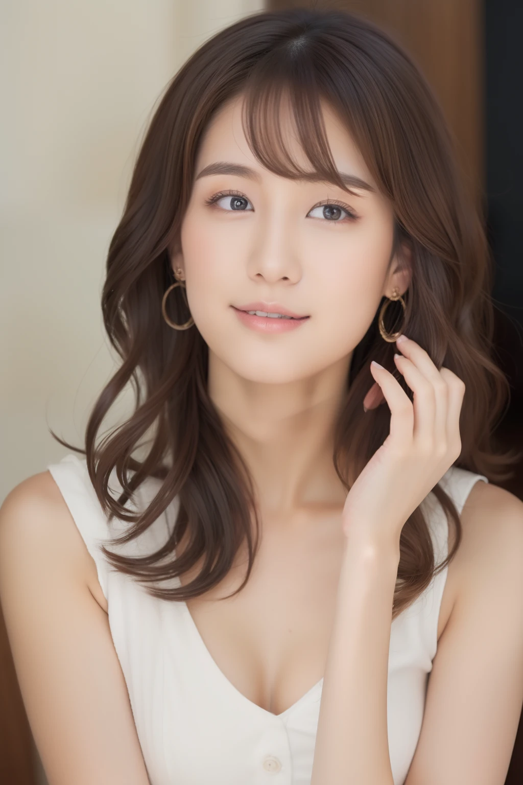 1womanl、 Beautiful、二重まぶた、28 years old,white dres、Adult beauties、Brown hair、waved hair、a small face、sideways Facing、