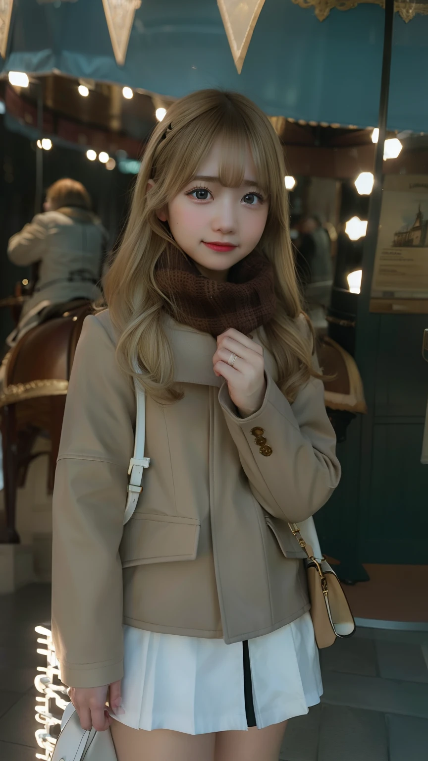 1girl, winter outfit, Carousel, blonde hair, realistic detail, 70mm lens, brown jacket, white skirt, undawn game