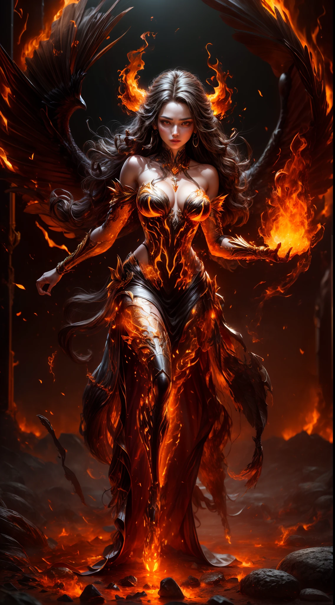 This is a realistic fantasy artwork prominently featuring realistic fire, including wisps of flames, glowing hot embers, subtle curls of smoke, and a beautiful fire druid. The druid stands in the midst of a raging inferno with an interesting composition. Her face is expertly sculpted, with elegant and refined features and perfect shading and realistic skin texture. Her (orange and gold eyes) are stunning and are the focal point of this image. (Her eyes extremely detailed, beautiful detailed eyes, and macro). Her eyes feature intricate detailing with clearly defined irises and bright sclera. Her soft lips are smooth and very puffy, and her skin is adorned with a light flush and ornate fire detailing. Her long gown is stunning and expensive, and is made of pure flames and glittering, ornate jewels that glimmer in the fire light. Her billowing gown glitters from the flames and features a delicately and intricately embroidered bodice with wisps of flames running across it. Include fantasy elements like bumps, stones, fiery iridescence, glowing embers, silk, and an interesting background. Include fiery magical creatures such as fiery birds and fiery butterflies that give off a magical and mystical aura. Lighting: Utilize the latest trends in lighting to enhance the artwork's beauty. Camera: Utilize dynamic composition to create a sense of urgency and excitement. Take inspiration from the current masters of the fantasy genre, including trending artists on Artstation and Midjourney. ((masterpiece))