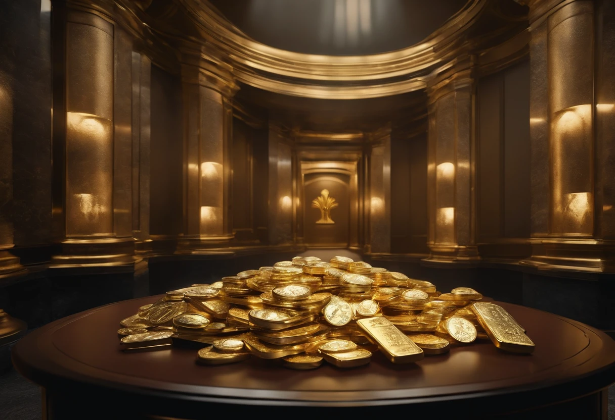 (a table inside the vault of a bank with lots of money, gold bars, jewelry, ultra-definition, realistic, 8k