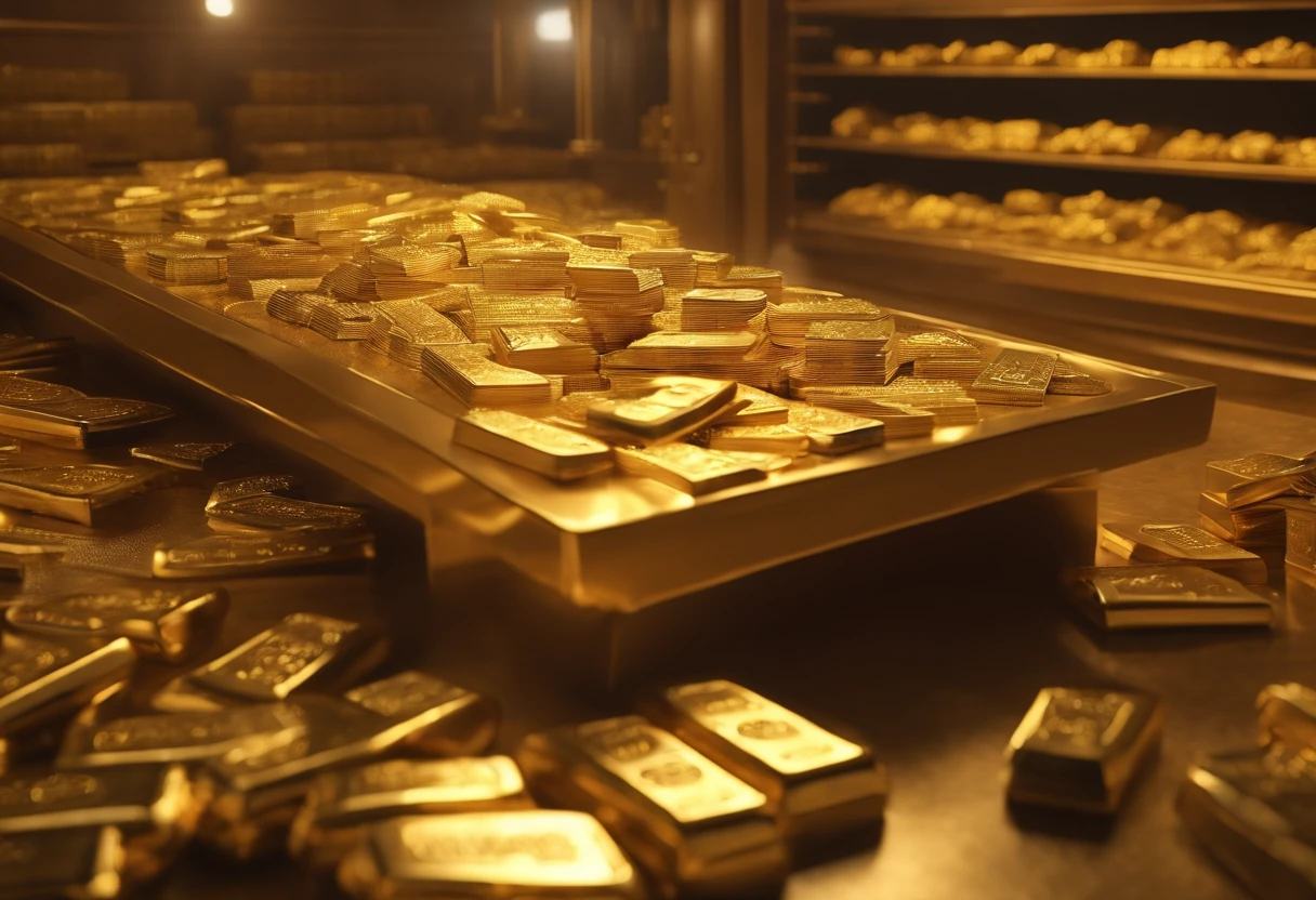 (a table inside the vault of a bank with lots of money, gold bars, jewelry, ultra-definition, realistic, 8k
