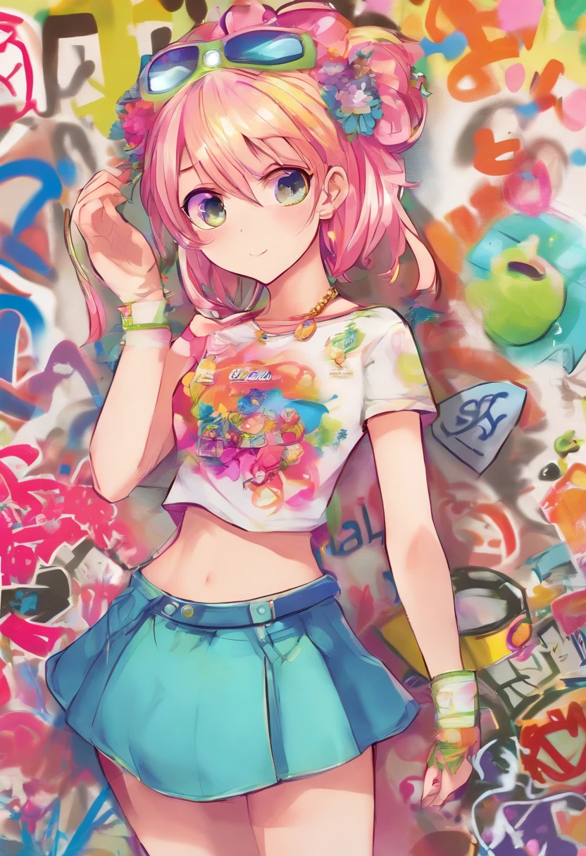 obra maestra, mejor calidad, 1girl, solo, crop top, mini falda, gargantilla, (graffiti: 1.5), salpicadura de pintura, arms behind back, contra la pared, mirando al espectador, brazalete, correa para el muslo, head bowing, aburrido, cabello multicolor, ojos rosas,