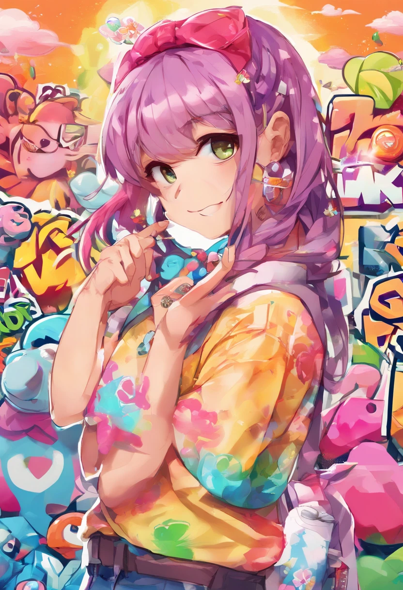 obra maestra, mejor calidad, 1girl, solo, crop top, mini falda, gargantilla, (graffiti: 1.5), salpicadura de pintura, arms  behind  back, contra la pared, mirando al espectador, brazalete, correa para el muslo, head bowing, aburrido, cabello multicolor, ojos rosas,