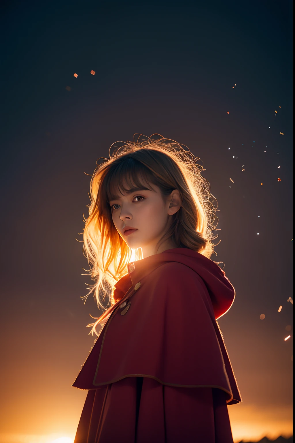 RAW photo, full sharp, (Full HD epic wallpaper) 8K UHD, Digital SLR, Soft lighting, High quality, filmgrain, Fujifilm XT3, hiqcgbody, (1人, Kizi:1.2),portraiture, Broken glass effect, Vivid yellow flame, Ethereal sparks, vulnerable, Red eyes, Long gray hair,Storm,Fluttering hair, buzz cut, Style - Gravity magic, Portrait, Looking down, Solo, Half shot, Detailed background, Detailed face, Pale complexion,(( Lolita costume)), redcloak, Cape, Hood, malicious expression, The scarlet symbol rotates in the air,(Floating particles, Fire particles, particle fx), Skylight color scheme, red flames, the are In the background, Surrounded by a crimson mist, Sunset, symetrical composition, Epic atmosphere,