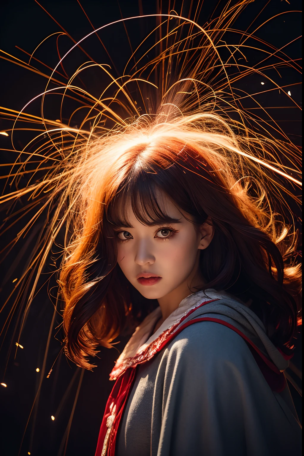 RAW photo, full sharp, (Full HD epic wallpaper) 8K  UHD, Digital SLR, Soft lighting, High quality, filmgrain, Fujifilm XT3, hiqcgbody, (1人, Kizi:1.2),portraiture, Broken glass effect, Vivid yellow flame, Ethereal sparks, vulnerable, Red eyes, Long gray hair,Storm，Fluttering hair， buzz cut, Style - Gravity magic, Portrait, Looking down, Solo, Half shot, Detailed background, Detailed face, Pale complexion,(( Lolita costume)), redcloak, Cape, Hood, malicious expression, The scarlet symbol rotates in the air,(Floating particles, Fire particles, particle fx), Skylight color scheme,  red flames, the are In the background, Surrounded by a crimson mist, Sunset, symetrical composition, Epic atmosphere,