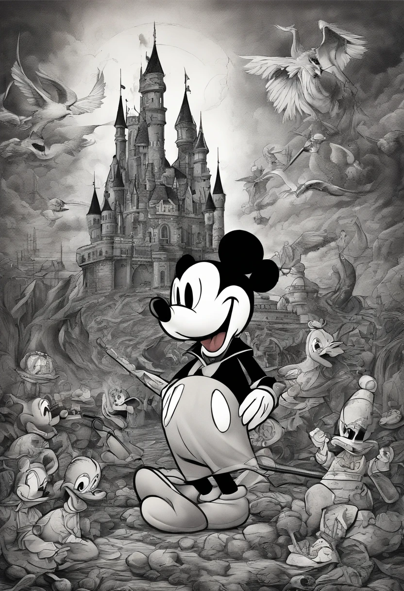 Mickey Mouse, razor sharp teeth, nazi uniform, Donald Duck stabs Mickey mouse, donald wears islamic clothing, zombie flamingos in the background, disney castle burning and destroyed, high detail, photorealism, hyperreal, very detailed background