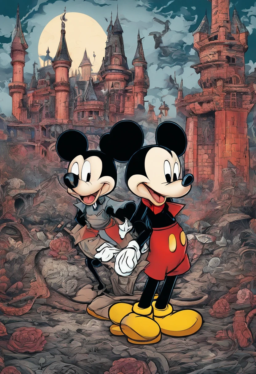 Mickey Mouse, razor sharp teeth, nazi uniform, Donald Duck stabs Mickey mouse, donald wears islamic clothing, zombie flamingos in the background, disney castle burning and destroyed, high detail, photorealism, hyperreal, very detailed background