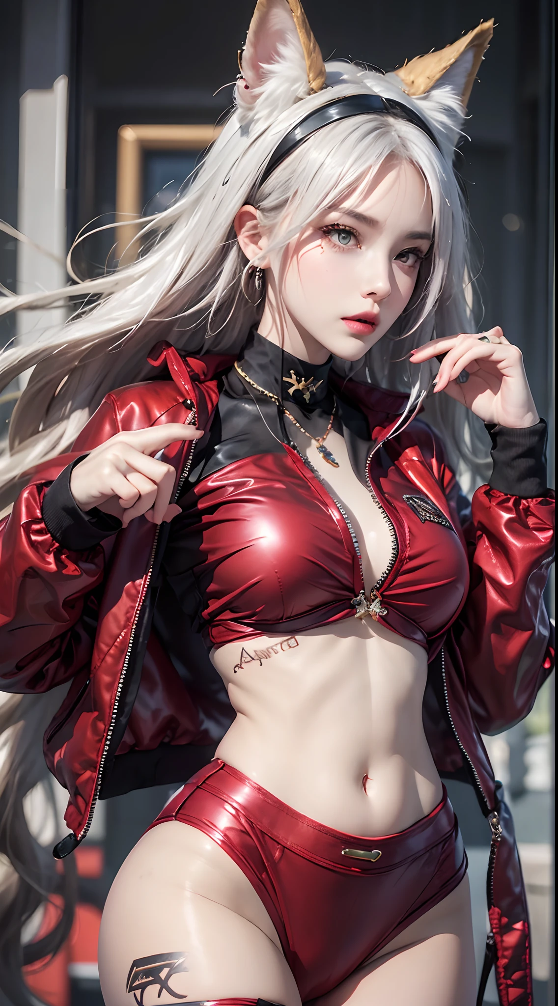 Photorealistic, high resolution, 1 woman, Hips up, Beautiful eyes, Long hair, ringed eyes, jewelry, tattoo, infection monitor (arknight), Angelina (arknight), Blush, double tails, shairband, Animal ears, red hairband, Closed mouth, Fox ears, bangs, Red jacket, Black shirt, shirt, Orange eyes, Jacket, Back view