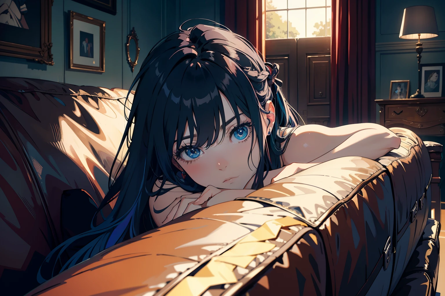 Masterpiece, highres, high Quality, from back, lying on the couch, lying face down, head propped up, looking ahead, colored hair, tied up,