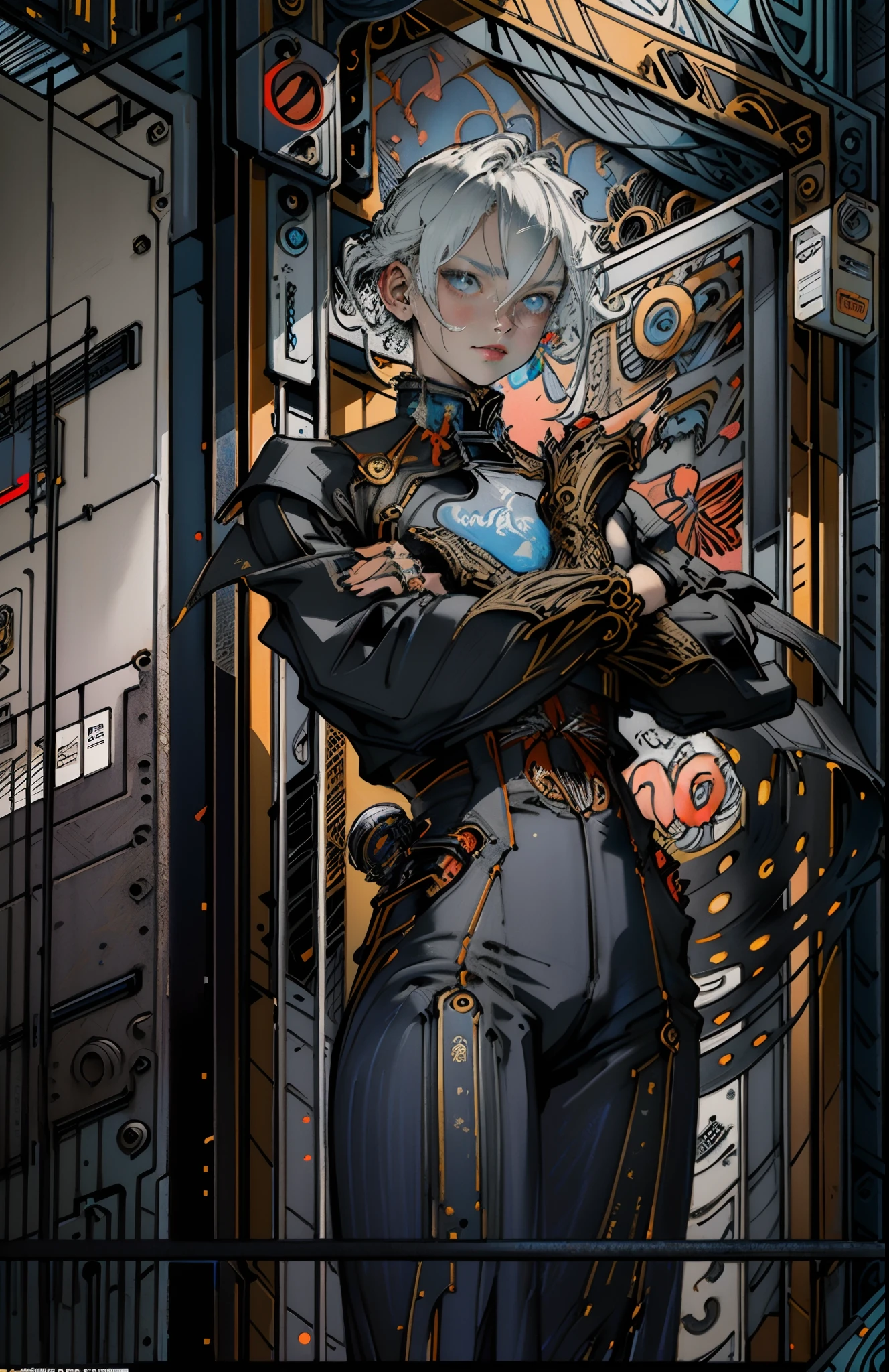 (masterpiece, top quality, best quality, official art, beautiful and aesthetic:1.2), (1girl:1.3), extreme detailed, colorful, highest detailed ((ultra-detailed)), (highly detailed CG illustration), ((an extremely delicate and beautiful)), cinematic light, ((1mechanical girl)),solo, cowboy shot, long shot (machine joints:1.2), ((mechanical limbs)), (blood vessels connected to tubes), (wires and cables attaching to neck:1.2), (character focus), machines are attached to joints, white hair, white skin, looking at viewer, copper button, bronze, (black tights, ) perfect anatomy, blue eyes, ((5 fingers, dynamic pose))