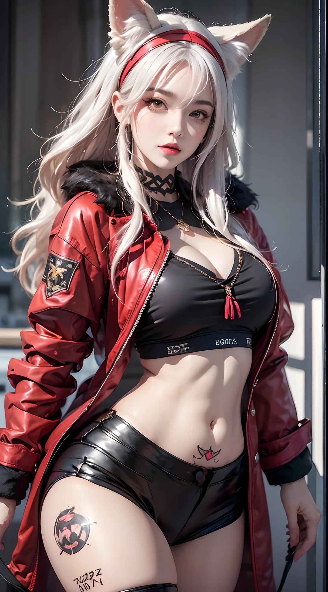 Photorealistic, high resolution, 1 woman, Hips up, Beautiful eyes, Long hair, ringed eyes, jewelry, tattoo, infection monitor (arknight), Angelina (arknight), Blush, double tails, shairband, Animal ears, red hairband, Closed mouth, Fox ears, bangs, Red jacket, Black shirt, shirt, Orange eyes, Jacket, Back view