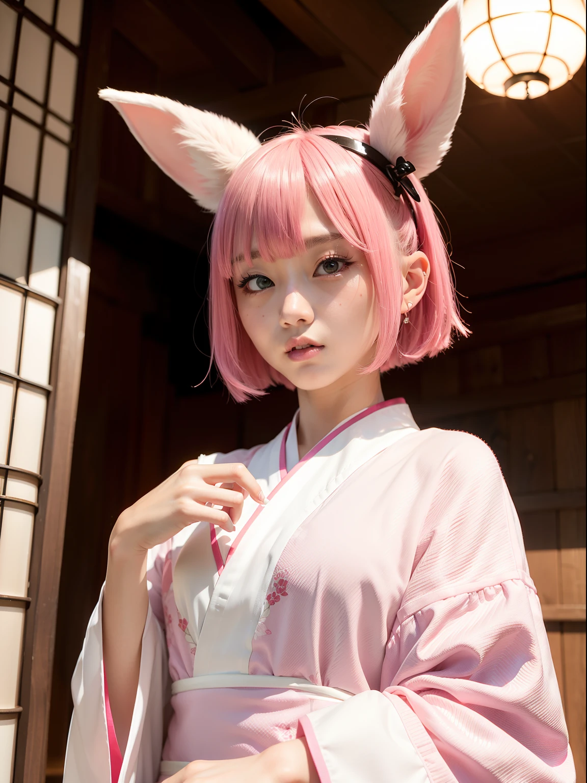 Night shrine、Pink hair、japanese kimono、White yukata、Realistic rabbit ears、rabbit ears pink hair sticking out of the head,,,,,、Hannya mask、Hannya mask、Bewitching atmosphere、Beautiful shaped hands、K-POP、Pink rabbit ears、1 girl in、独奏、​masterpiece、top-quality、realisitic、Hyper-detailing、(Glossy skin:1.4)、absurderes、short pink hair、Slender beauties、动态照明、hight resolution、foco nítido、depth of fields、(thick thight:1.0)、A slender :1.2、((Short-cut bob hair))、((k pop:1.3))、Highly detailed facial and skin texture、((魅惑的))、Anatomically correct number of fingers、Correct anatomy、Angle from below