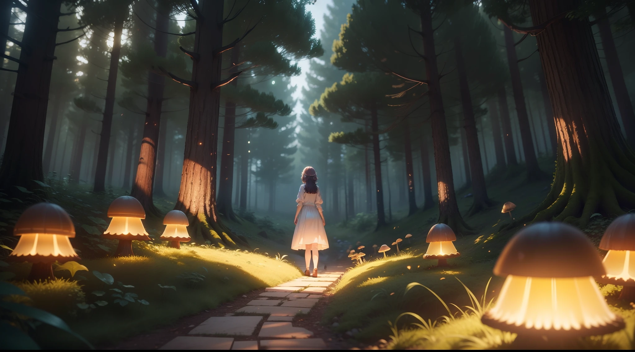 A forest filled with soft light of fire flies ,dawn,Lumi a girl ,a protagonist wakes up amidst the luminescent mushrooms ,3D style animation,high resolution, detailed elements ,4k