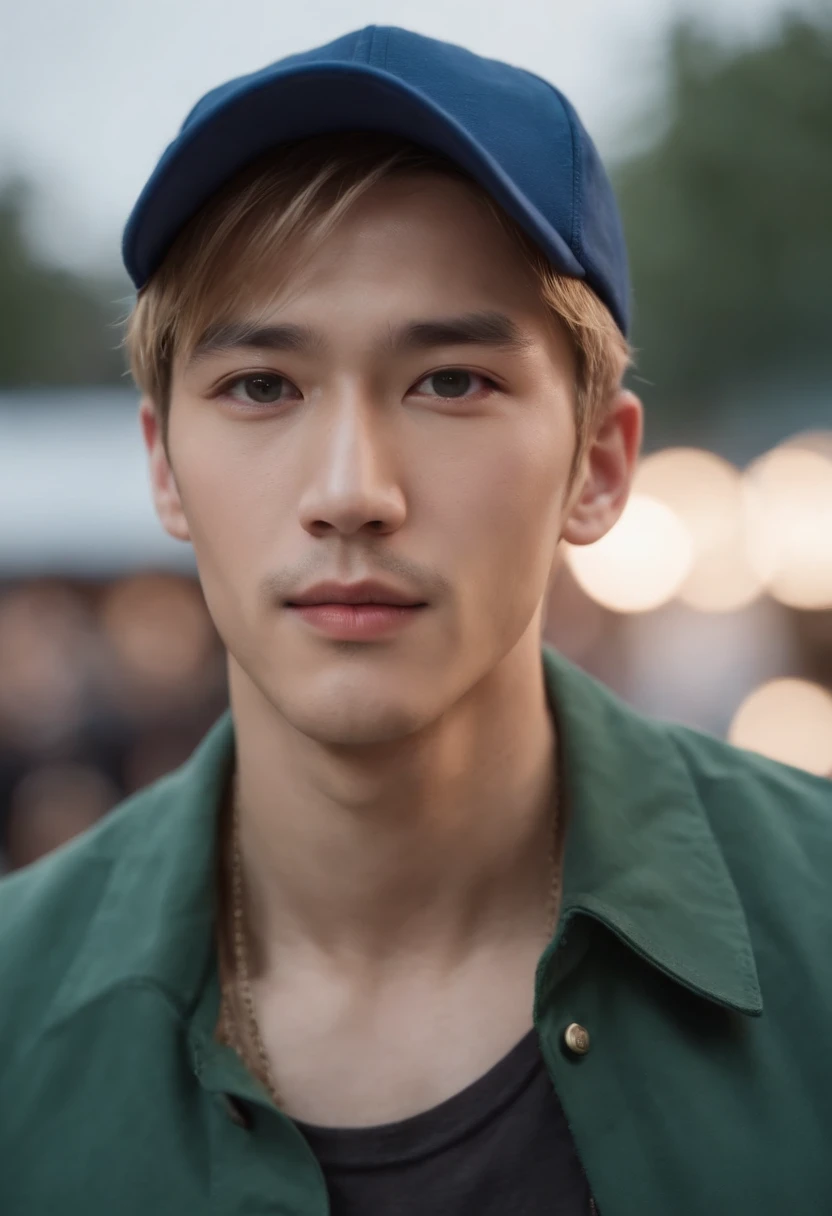 (((best quality, 8k))) Korean race, fair complexion, man around 26 years old, has blond hair, medium length hair, styled hair, distinctive green eyes, wearing a blue baseball cap, sharp jawline, handsome, wearing dark green jacket, no facial hair, ultra sharp focus, realistic shot, tetradic colors